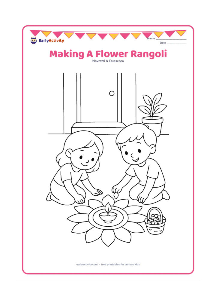 Colouring page: Two children arrange petals into a circular flower rangoli outside a home during Puja, with a diya in the centre and a small flower basket beside them. Include a doorstep and potted plant.