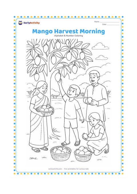 Colouring page: Draw an Indian family gathering mangoes beneath a full mango tree in a sunny orchard, with baskets on the ground and a child reaching for a low fruit. Include distant rows of trees and…