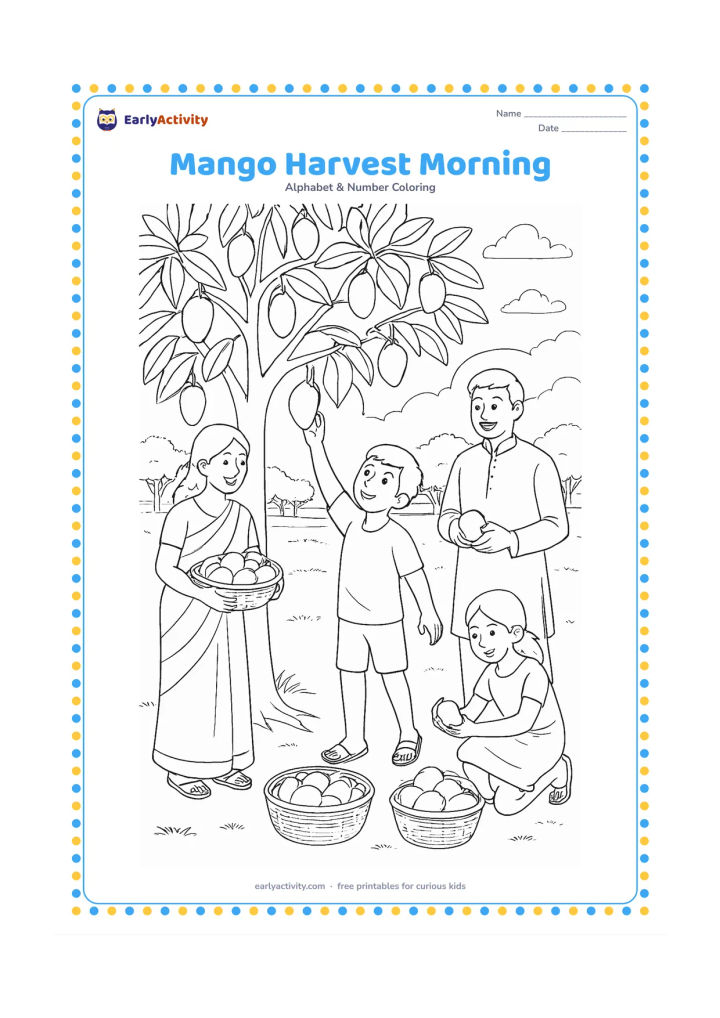 Colouring page: Draw an Indian family gathering mangoes beneath a full mango tree in a sunny orchard, with baskets on the ground and a child reaching for a low fruit. Include distant rows of trees and…