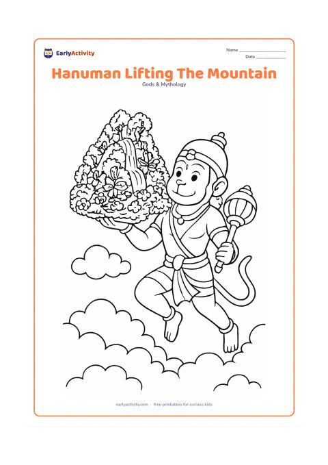 Colouring page: Hanuman rises above a forest while holding an entire herb-covered mountain in one hand, with his gada secured in the other. Fill the mountain with trees, vines, flowers, rocks, and a…