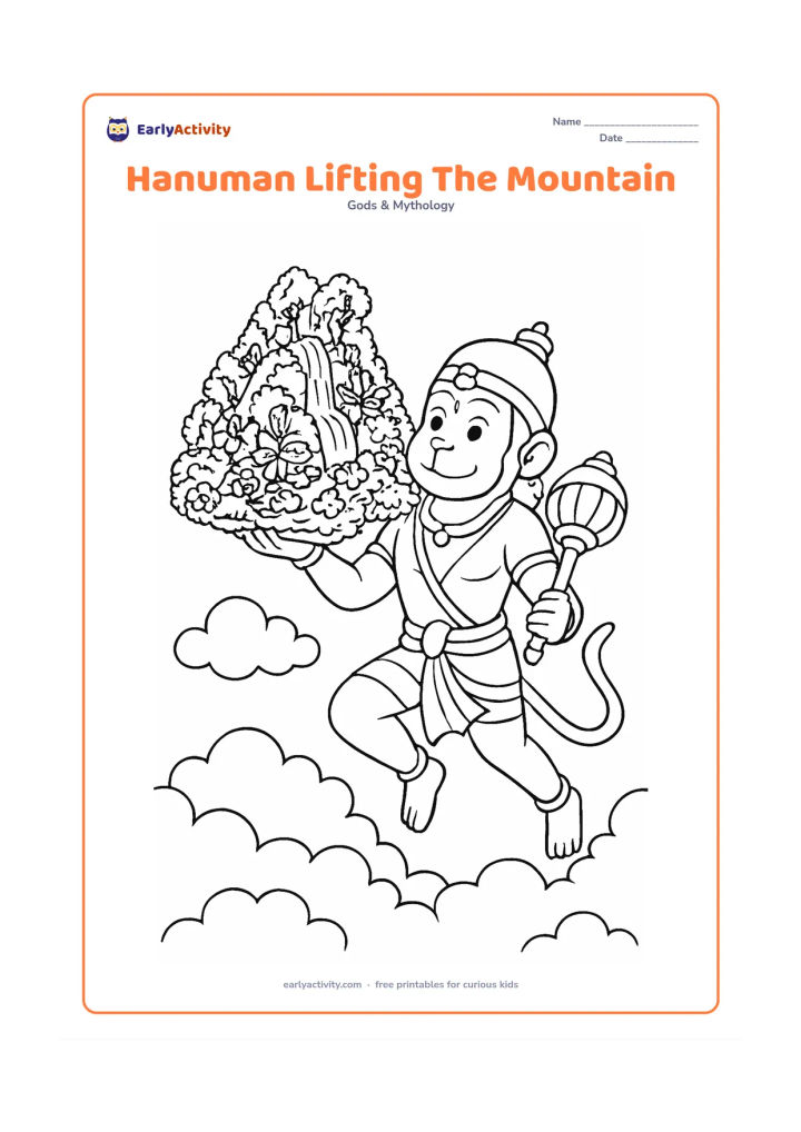 Colouring page: Hanuman rises above a forest while holding an entire herb-covered mountain in one hand, with his gada secured in the other. Fill the mountain with trees, vines, flowers, rocks, and a…