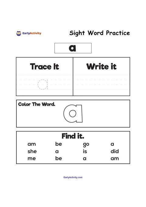 Worksheet practising the sight word “a” with tracing, writing, colouring and finding the word among other short words.