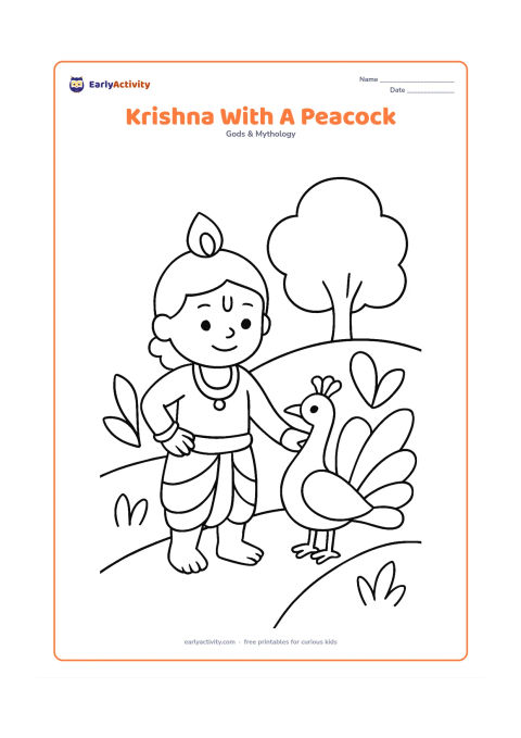 Colouring page: Draw Krishna standing beside a friendly peacock with its tail partly open. Place them on a simple garden path with two large plants and a rounded tree.