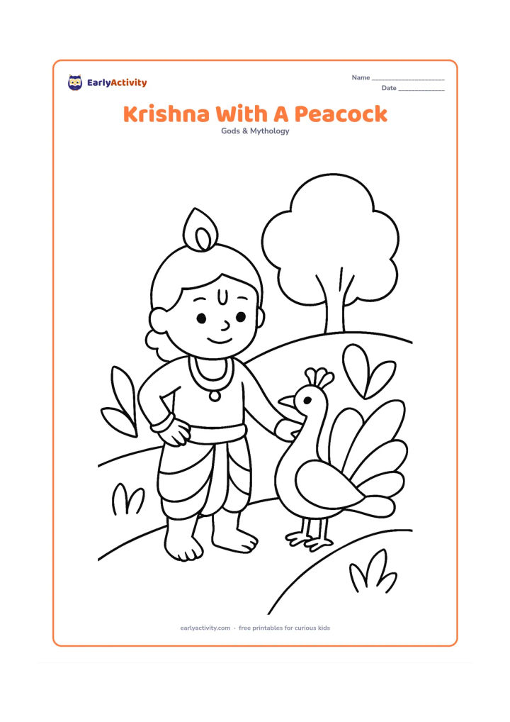 Colouring page: Draw Krishna standing beside a friendly peacock with its tail partly open. Place them on a simple garden path with two large plants and a rounded tree.