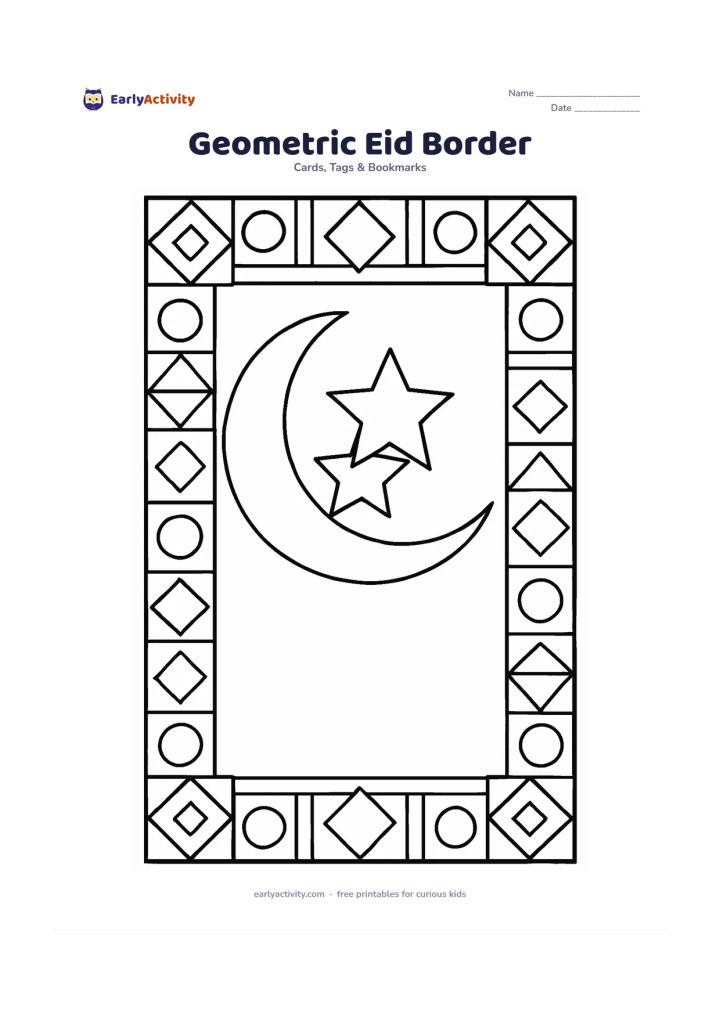 Worksheet: A detailed card front is framed by repeating geometric tile shapes, with a large crescent moon and layered stars in the centre. Leave a wide unpatterned panel inside for a message.