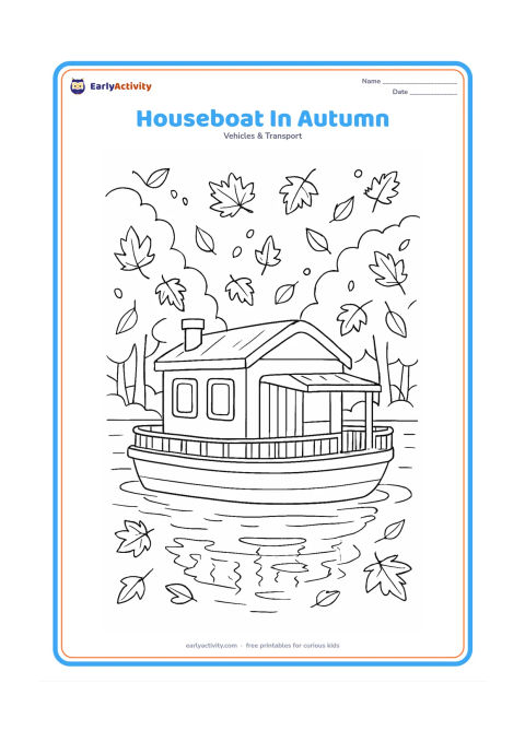 Colouring page: Draw a detailed houseboat drifting on a lake surrounded by trees with falling autumn leaves. Include a covered deck, railings, windows, a small chimney, and reflections in the water.