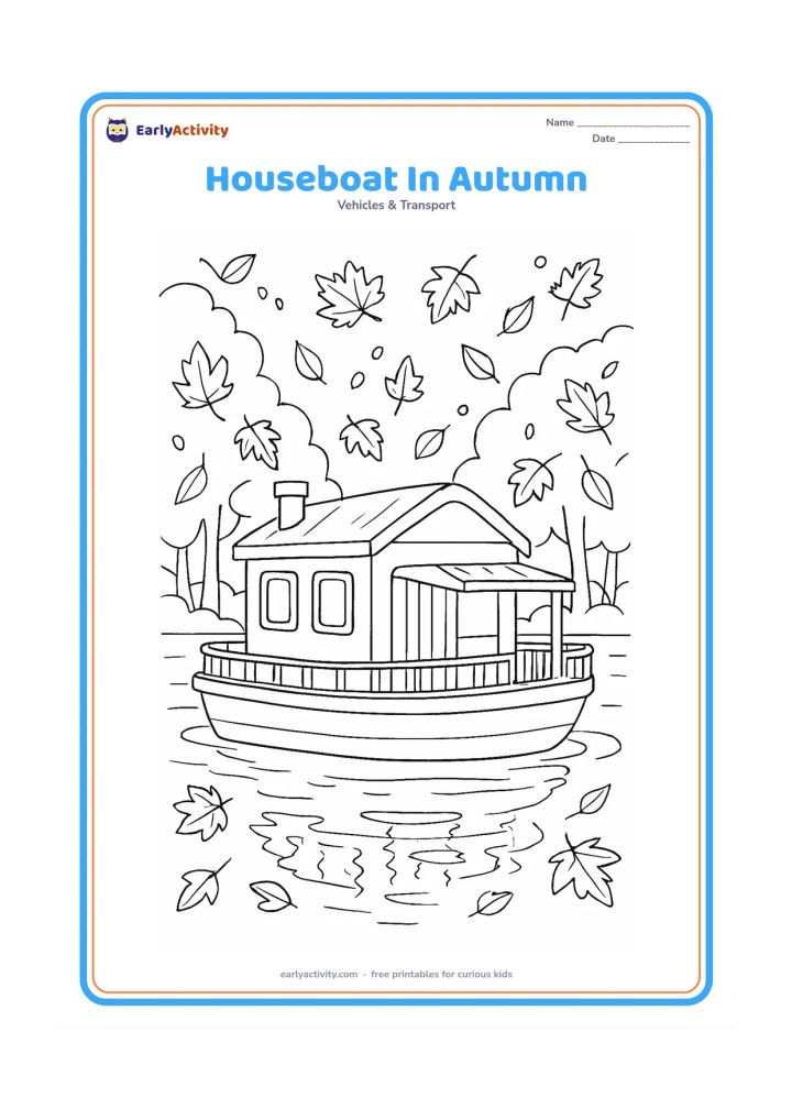 Colouring page: Draw a detailed houseboat drifting on a lake surrounded by trees with falling autumn leaves. Include a covered deck, railings, windows, a small chimney, and reflections in the water.