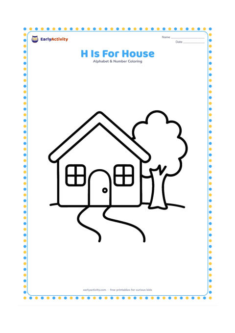 Colouring page: Draw a cheerful small house with a door, two windows, a roof and one tree in the yard. Add a short path leading to the door.