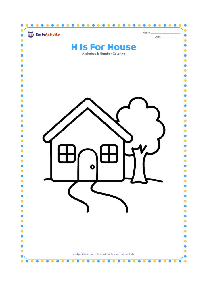 Colouring page: Draw a cheerful small house with a door, two windows, a roof and one tree in the yard. Add a short path leading to the door.