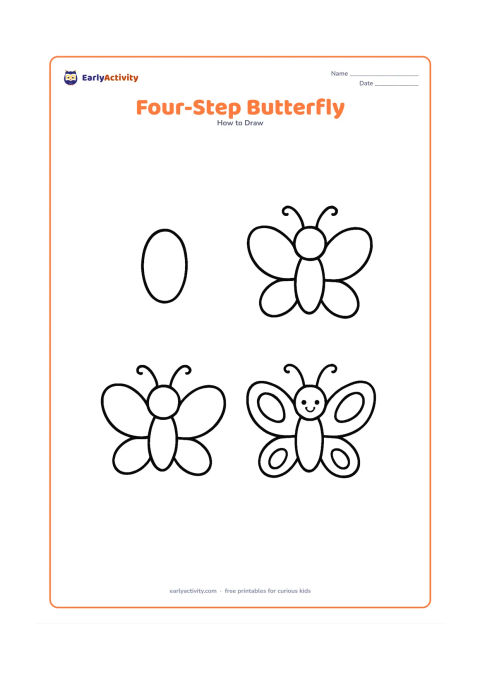 Worksheet: Arrange four separate drawing stages from left to right: a centre oval, added head and wing ovals, connected wing outlines with antennae, and a finished butterfly with a few large…