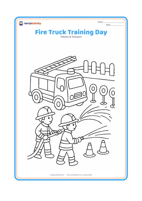 Colouring page: Draw a fire truck and two firefighters practising with a hose at a training area, aiming water toward a row of harmless practice targets. Add cones, a ladder resting on the truck and a…
