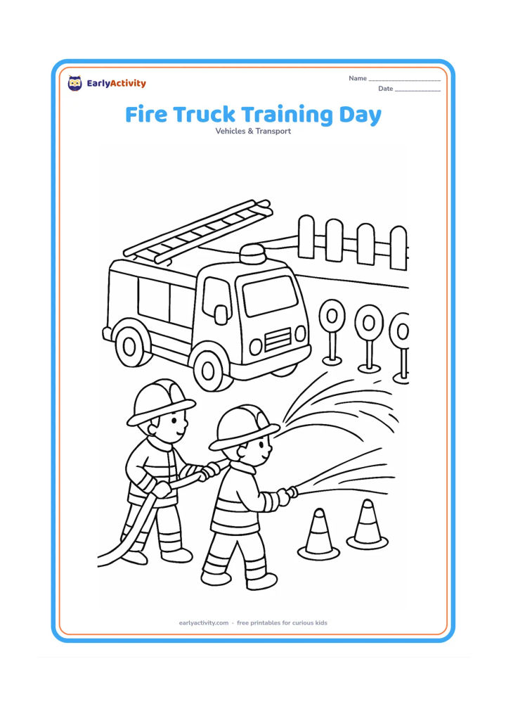 Colouring page: Draw a fire truck and two firefighters practising with a hose at a training area, aiming water toward a row of harmless practice targets. Add cones, a ladder resting on the truck and a…