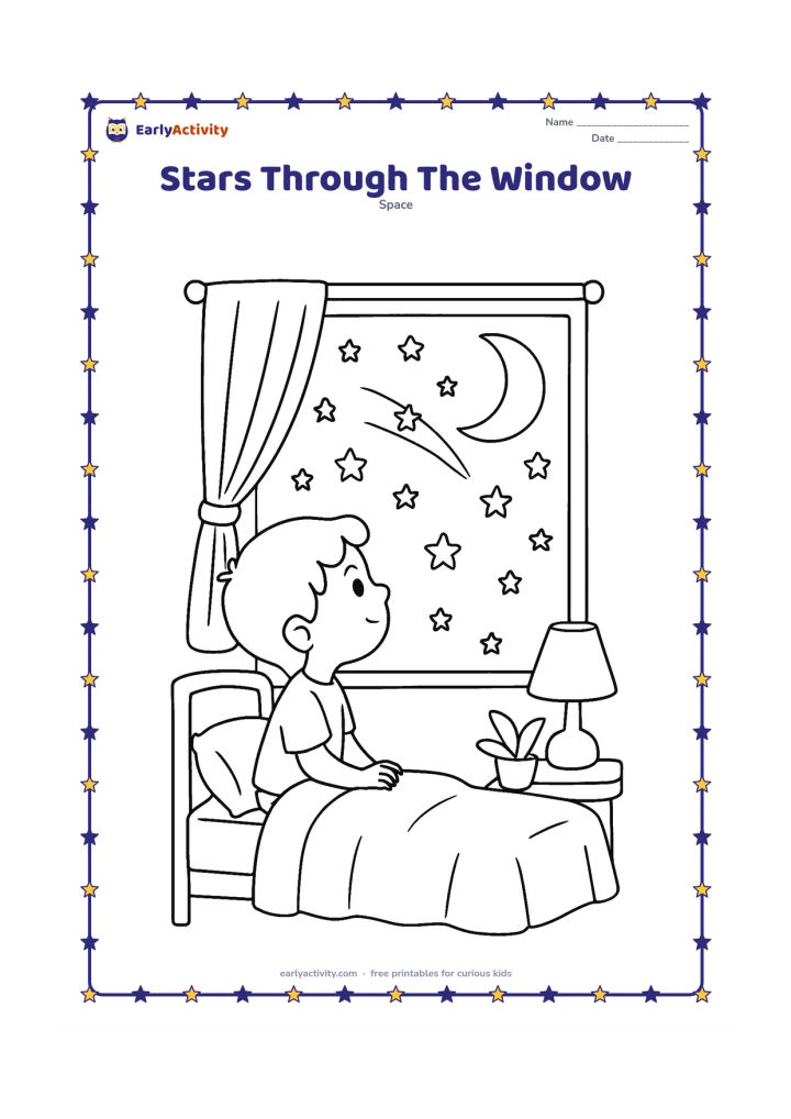 Colouring page: A child looks through a bedroom window at a sky filled with stars, a crescent Moon and one shooting star. Include a bed, curtain, small lamp and a potted plant inside the room.