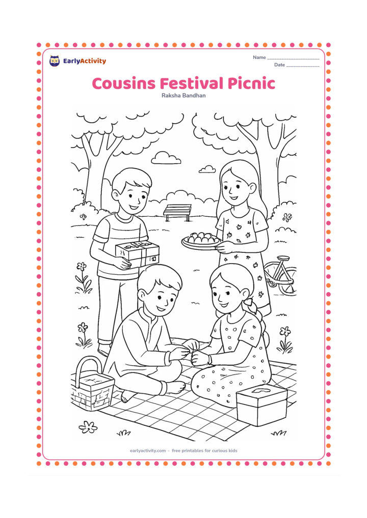 Colouring page: A group of cousins celebrates Raksha Bandhan at a shaded park picnic, with one child tying a rakhi and others offering sweets and gifts. Include a patterned picnic cloth, baskets, trees,…