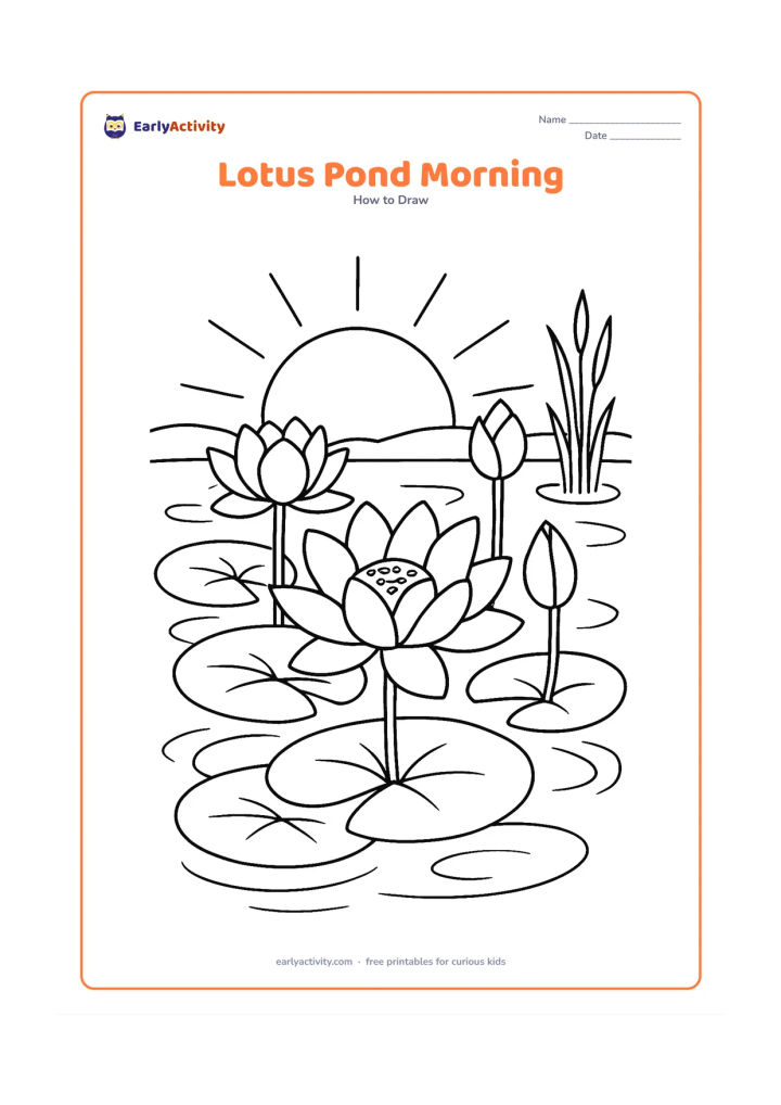 Worksheet: Several lotus flowers at different stages grow among overlapping round pond leaves, with reflections, gentle ripples and a rising morning sun behind the water. Include a few reeds along…
