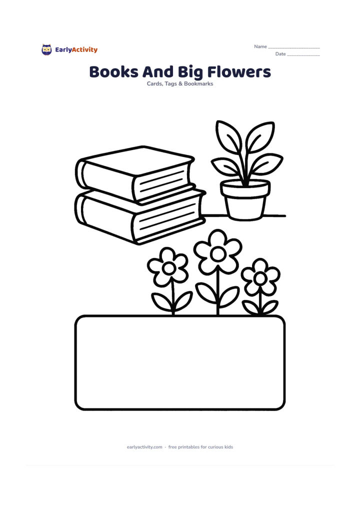 Worksheet: Two large stacked books sit beside three simple flowers, with a wide empty panel across the lower half for a child's dictated message. Add a small classroom plant in the background but…