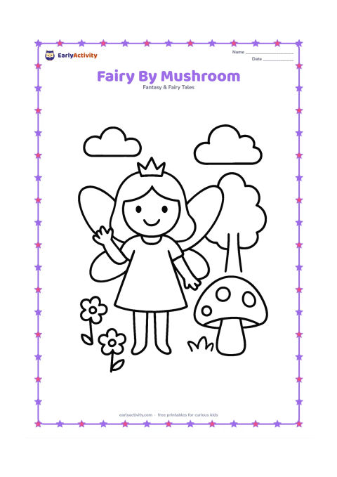 Colouring page: A smiling winged fairy waves beside one large mushroom and a few simple flowers. Place the fairy in the centre with a small tree and two rounded clouds behind her.