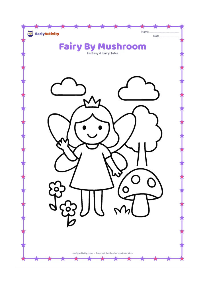 Colouring page: A smiling winged fairy waves beside one large mushroom and a few simple flowers. Place the fairy in the centre with a small tree and two rounded clouds behind her.
