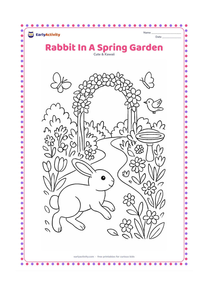 Colouring page: A rabbit hops along a winding garden path toward a wooden arch covered with flowers. Include tulips, daisies, butterflies, leafy shrubs and a small birdbath.