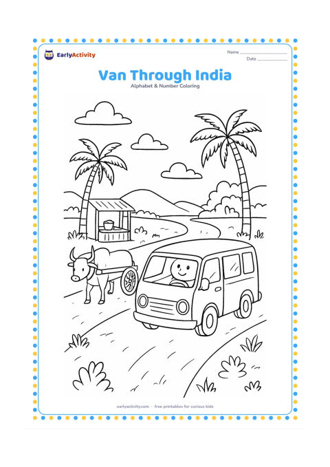 Colouring page: Draw a cheerful van travelling along a rural Indian road, with a bullock cart sharing the road, palm trees, a small roadside tea stall, and distant hills. Keep the scene peaceful and…