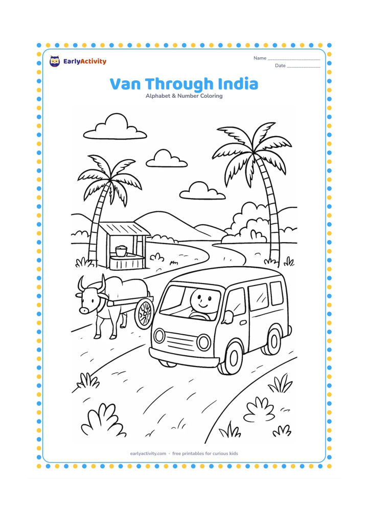 Colouring page: Draw a cheerful van travelling along a rural Indian road, with a bullock cart sharing the road, palm trees, a small roadside tea stall, and distant hills. Keep the scene peaceful and…