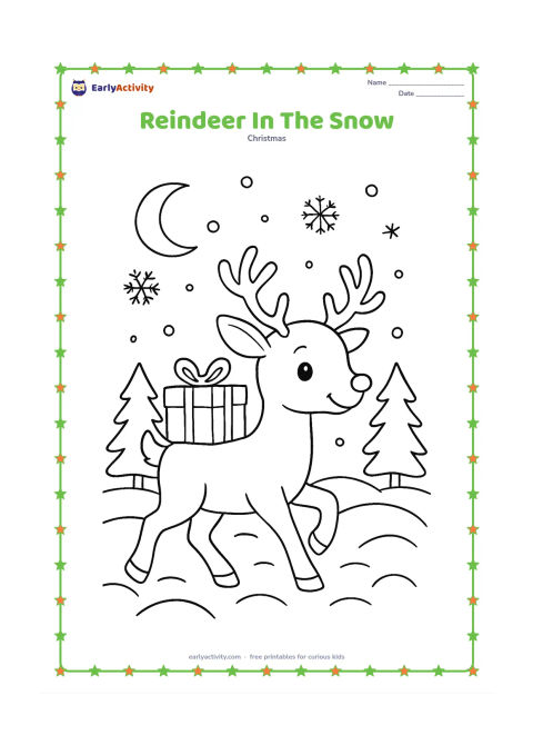 Colouring page: A friendly reindeer trots through a snowy field carrying a simple gift bundle on its back. Show pine trees, rounded snowdrifts, a crescent moon, and several snowflakes.