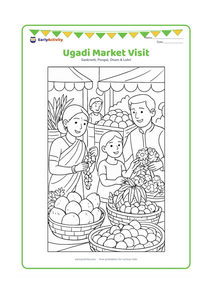 Colouring page: A family visits an Indian flower and fruit market before Ugadi, choosing mango leaves, coconuts, flowers and ingredients from several stalls.