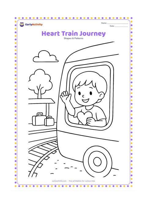 Colouring page: A child waves from a train window while holding a heart-shaped card, with a station platform, luggage, tree, and curved track outside.