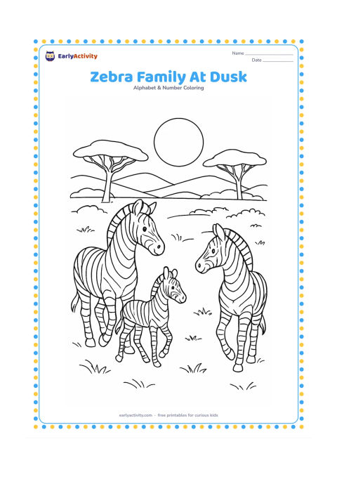 Colouring page: Draw three zebras of different sizes walking together across an African grassland at dusk, with one adult looking back at the foal. Add acacia trees, layered hills and a large moon…