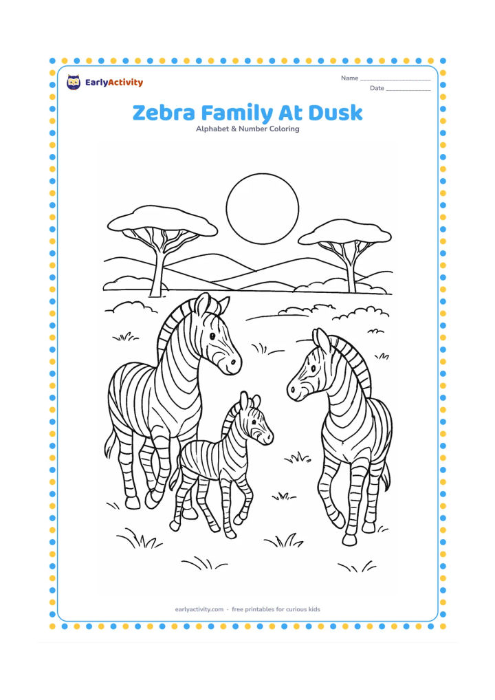 Colouring page: Draw three zebras of different sizes walking together across an African grassland at dusk, with one adult looking back at the foal. Add acacia trees, layered hills and a large moon…