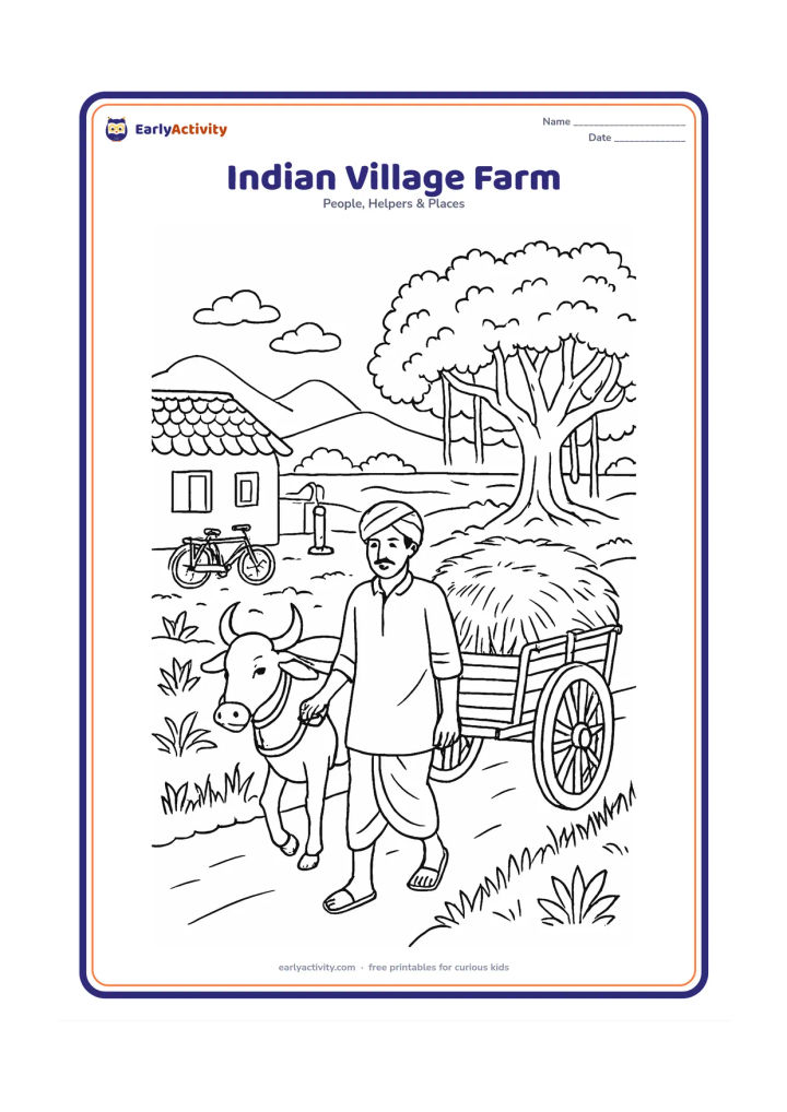 Colouring page: An Indian farmer walks beside a bullock cart loaded with hay along a village path between green fields. Show a tiled-roof home, a hand pump, a banyan tree, a bicycle, and distant hills.