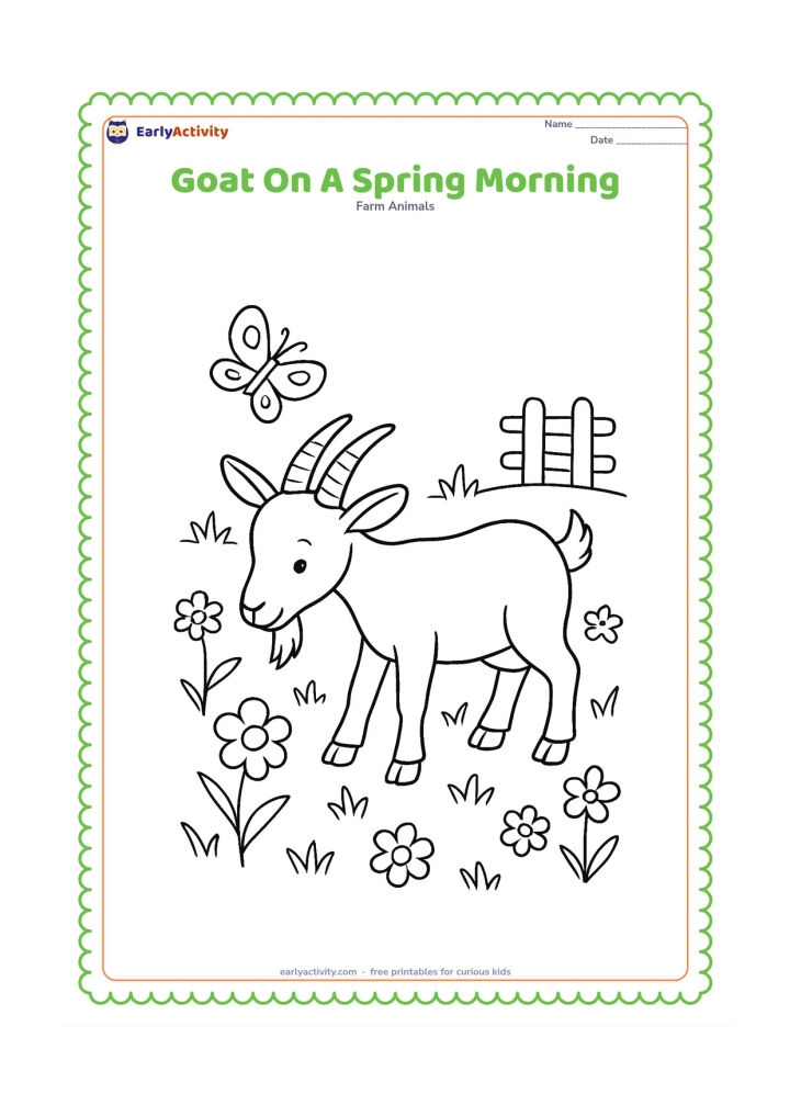 Colouring page: Draw a goat grazing in a spring meadow with several different flowers, fresh grass, a butterfly, and a small wooden fence in the distance. Show the goat's ears, beard, horns, and split…