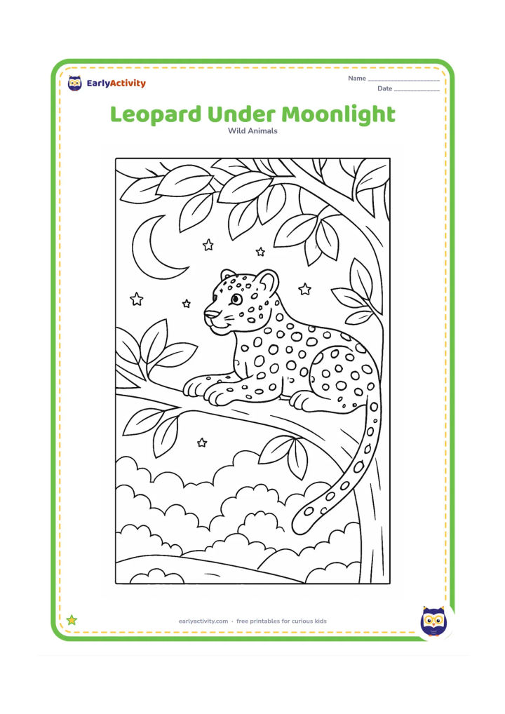 Colouring page: A leopard rests on a high branch at night, looking across a quiet forest beneath a crescent moon. Add layered branches, leaves, distant treetops, and a few stars.