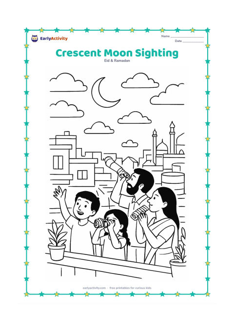 Colouring page: Draw a family on an Indian rooftop using binoculars and a small telescope to watch the first crescent moon, with layered rooftops, water tanks, plants, distant minarets, and evening…