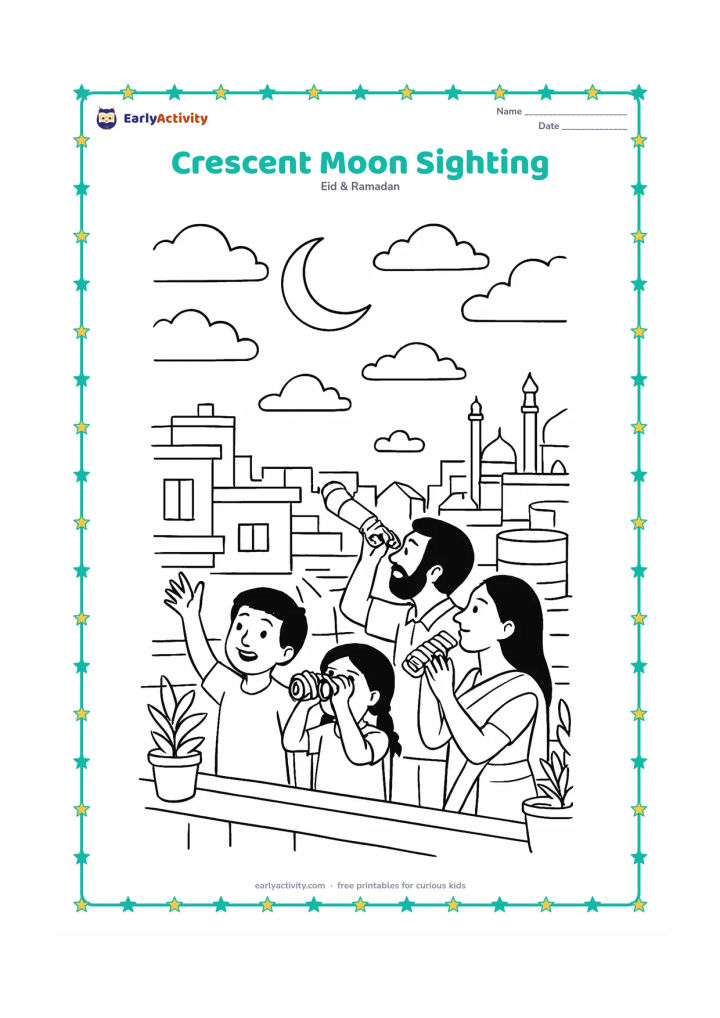 Colouring page: Draw a family on an Indian rooftop using binoculars and a small telescope to watch the first crescent moon, with layered rooftops, water tanks, plants, distant minarets, and evening…