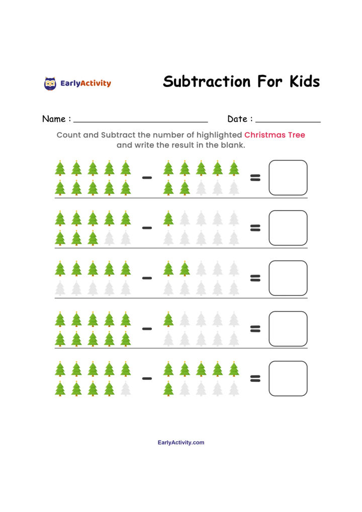 Worksheet with five Christmas tree subtraction equations. Green and pale grey trees appear in groups beside blank answer boxes.