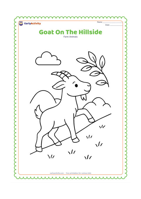 Colouring page: Draw a goat climbing a gently sloping grassy hill, with one front hoof raised and its head turned toward a leafy branch. Add distant rounded hills and two clouds.