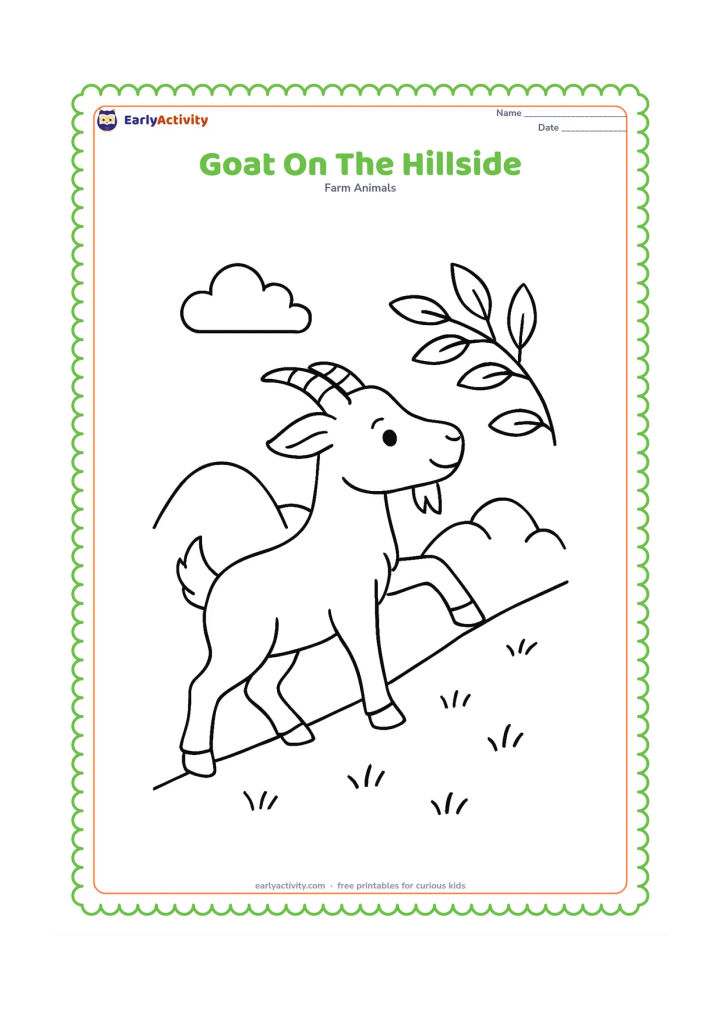 Colouring page: Draw a goat climbing a gently sloping grassy hill, with one front hoof raised and its head turned toward a leafy branch. Add distant rounded hills and two clouds.