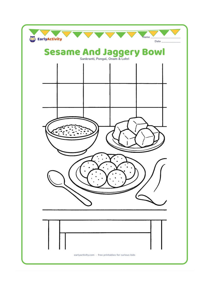 Colouring page: A kitchen table holds a bowl of sesame seeds, chunky pieces of jaggery, and a plate of freshly made laddoos. Add a spoon, a cloth, and a simple tiled wall behind.