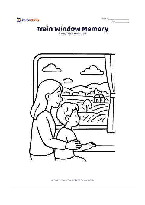 Worksheet: A mother and child sit together by a train window, looking at a countryside view with fields, trees, a small station building without signs and distant hills. Leave the plain window…