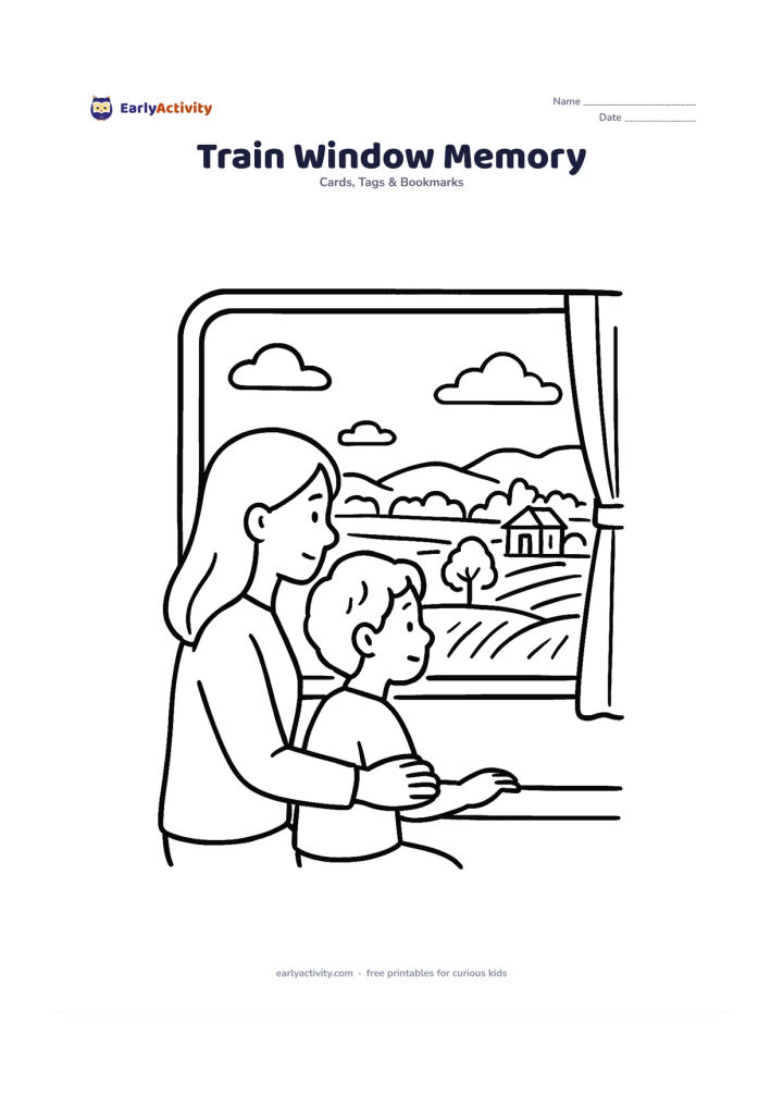 Worksheet: A mother and child sit together by a train window, looking at a countryside view with fields, trees, a small station building without signs and distant hills. Leave the plain window…