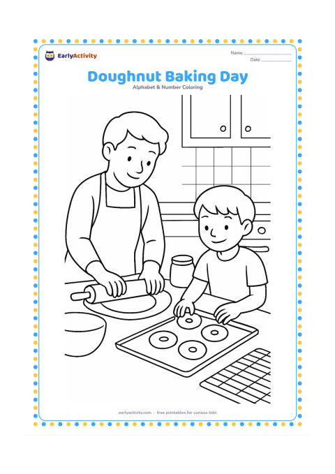 Colouring page: A parent and child prepare doughnuts in a home kitchen, with one rolling dough and the other placing rings on a baking tray. Show a mixing bowl, flour jar without a label, oven, cooling…