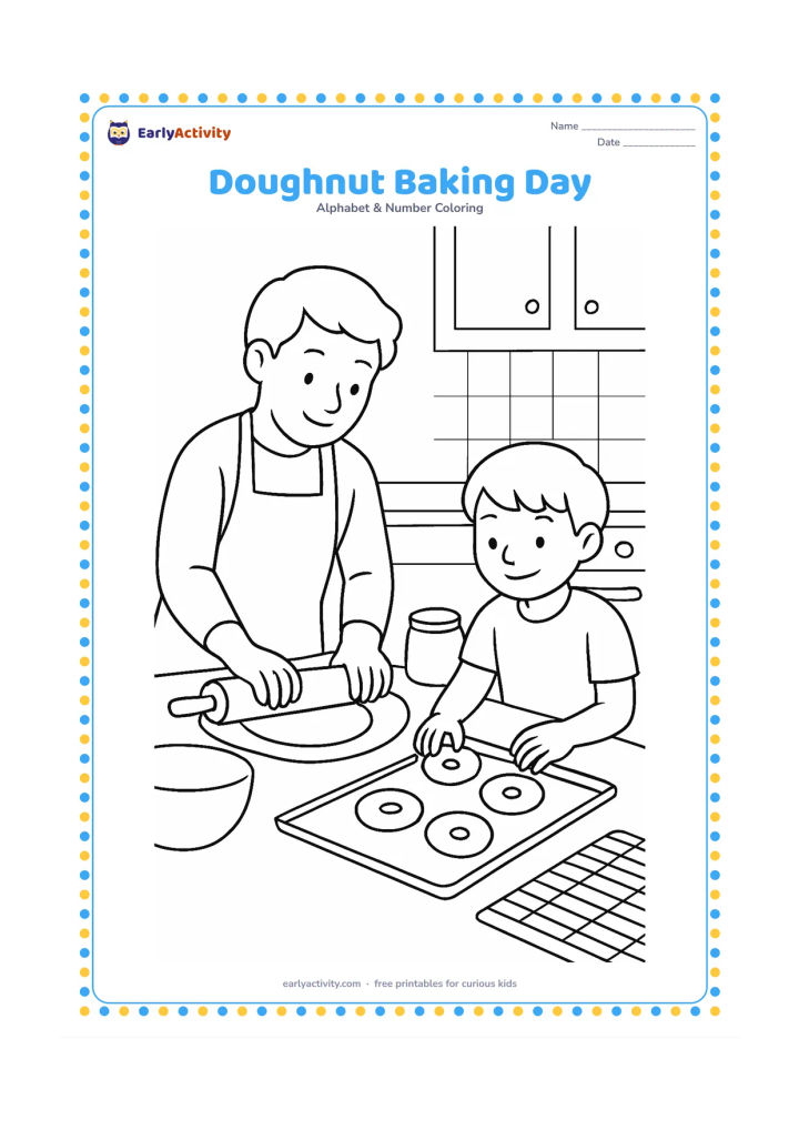 Colouring page: A parent and child prepare doughnuts in a home kitchen, with one rolling dough and the other placing rings on a baking tray. Show a mixing bowl, flour jar without a label, oven, cooling…