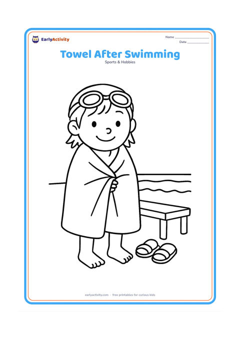 Colouring page: A smiling child stands beside the pool wrapped in a large towel, with wet hair and swimming goggles resting on top of the towel. Include a simple bench and a pair of sandals, with no…