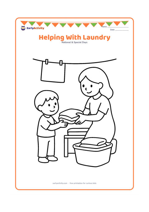 Colouring page: A child hands a folded towel to their mother beside a laundry basket, while the mother places another towel on a low shelf. Include three large folded garments and a simple clothesline…