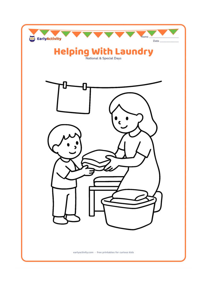 Colouring page: A child hands a folded towel to their mother beside a laundry basket, while the mother places another towel on a low shelf. Include three large folded garments and a simple clothesline…