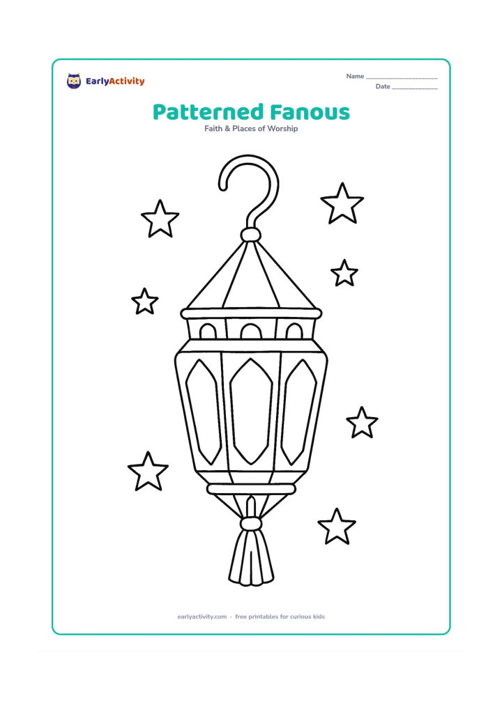 Colouring page: A medium-sized fanous lantern hangs from a curved hook, with repeated large geometric panels, a pointed top, and a tassel below. Add a few small stars in the open background.