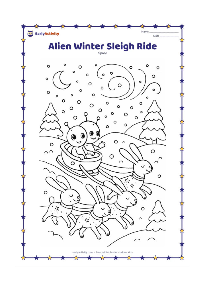 Colouring page: Draw two smiling aliens riding a small saucer-shaped sleigh across a snowy planet, pulled by four gentle long-eared space animals. Add snow-covered hills, icy trees, a moon, and swirling…