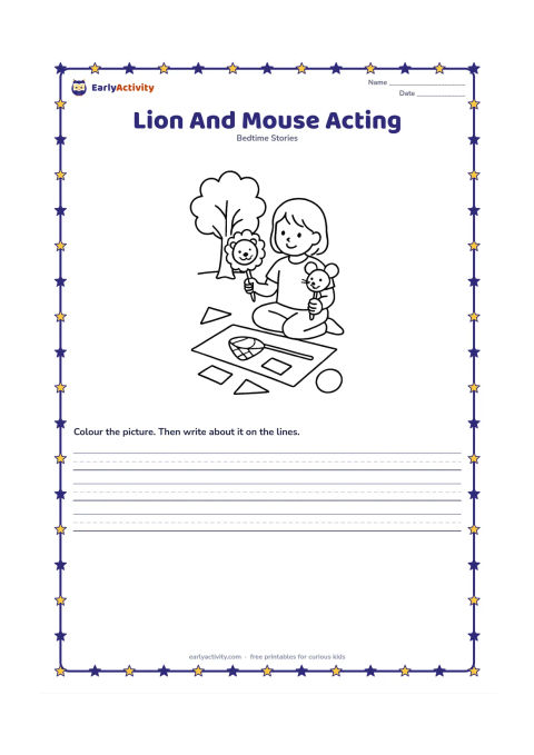 Printable: Show a child at home using simple paper animal shapes on sticks to act out the lion and mouse story, with a drawing of a tree and net on a clear floor mat. Include a few plain paper…
