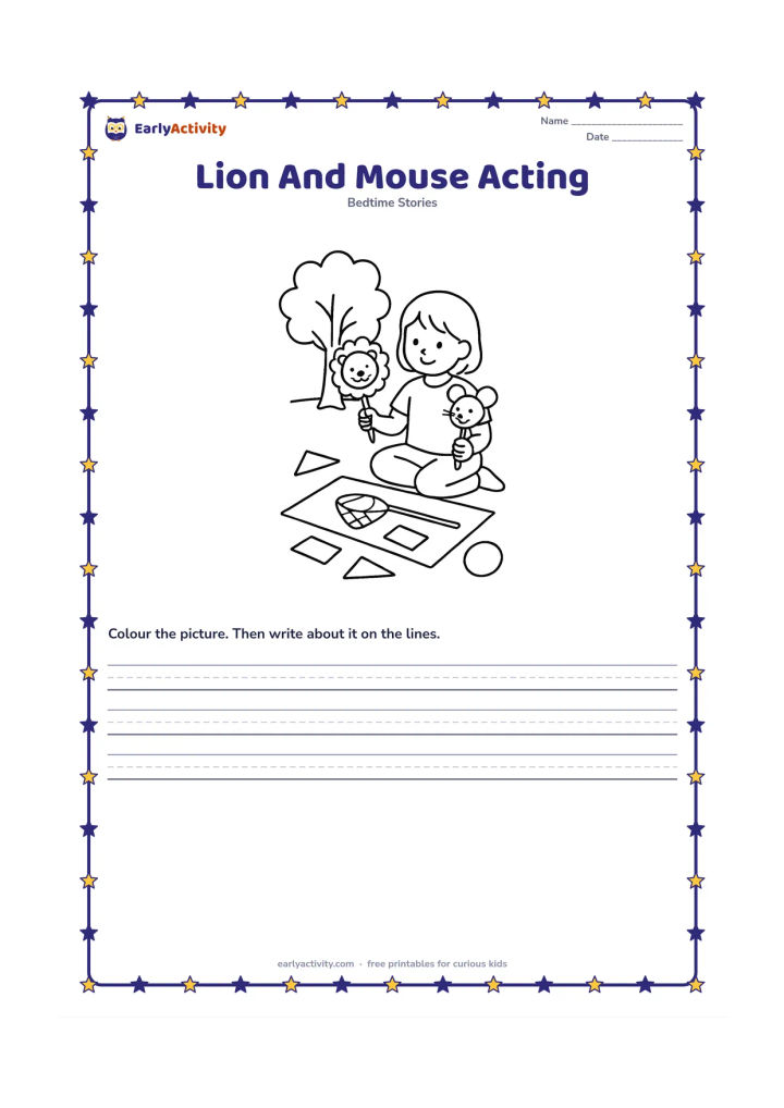 Printable: Show a child at home using simple paper animal shapes on sticks to act out the lion and mouse story, with a drawing of a tree and net on a clear floor mat. Include a few plain paper…